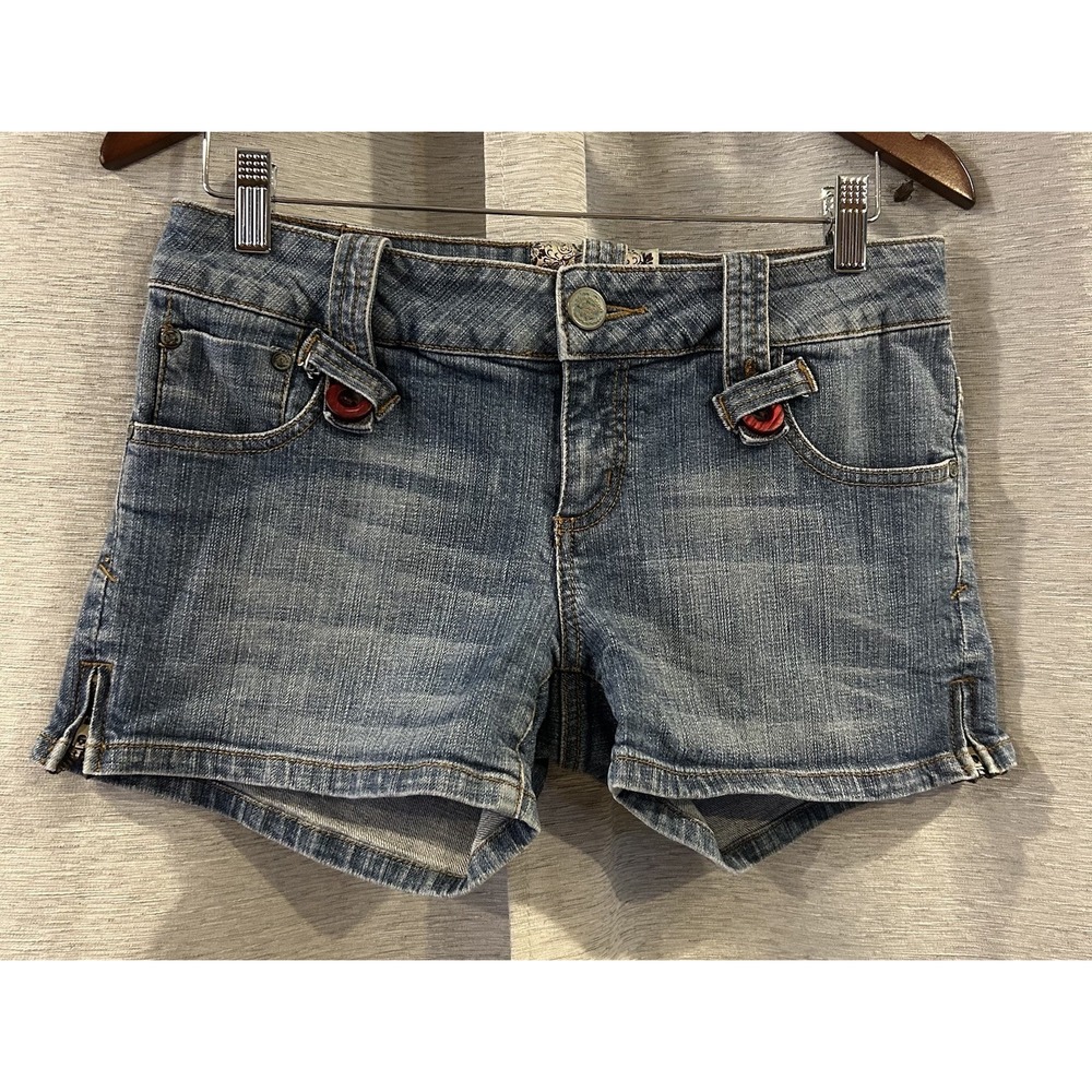 American Rag Cie Women's Jeans Shorts Size‎ 7 Blue Distressed Red Button Pockets